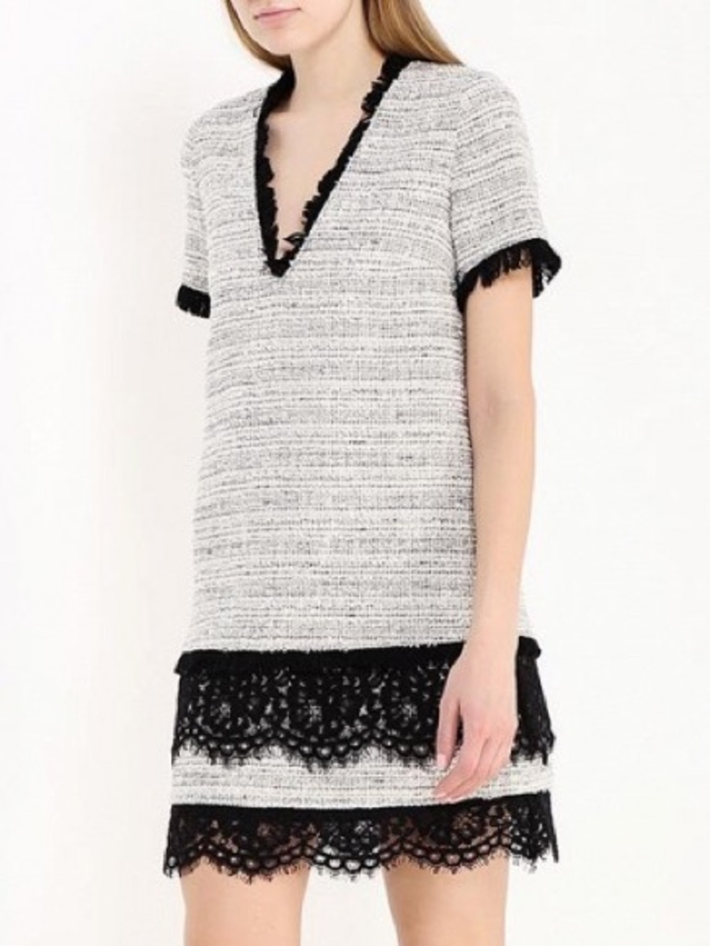 Twinset Simona Barbieri Black & White Tweed Lace Fringe Dress - US 8 (IT 44)